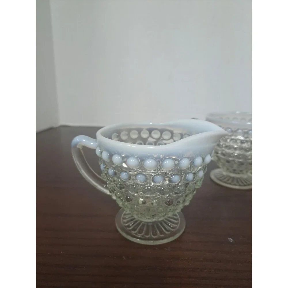1940s Anchor Hocking Opalescent Hobnail Open Sugar Bowl And Creamer